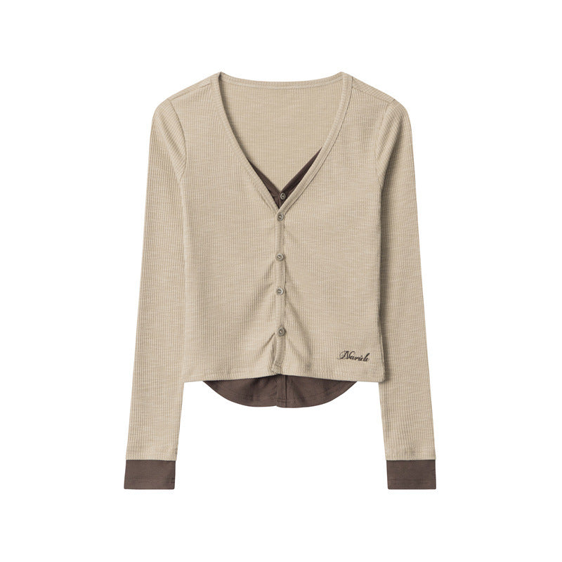 Nariele Fake Two-piece Long Sleeve V-neck Tops Short Slim Sweater