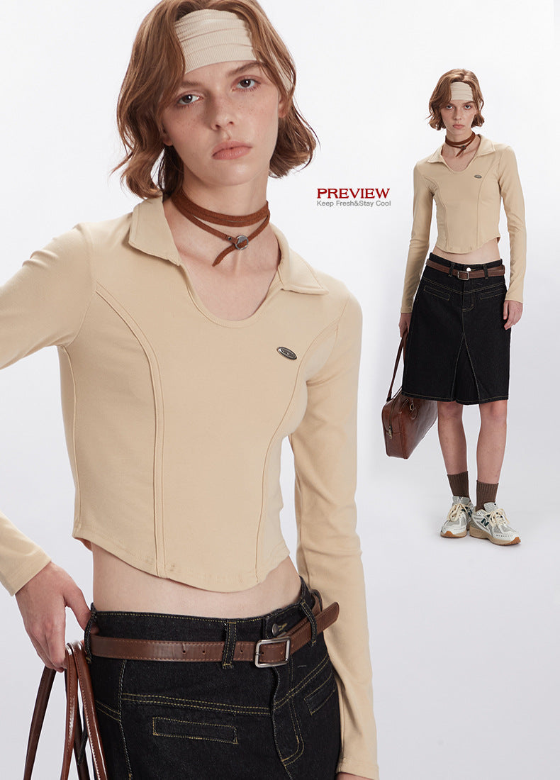 Nariele Long Sleeve T-Shirt Women's Fall New Polo Slim Curved Babes Crop Top