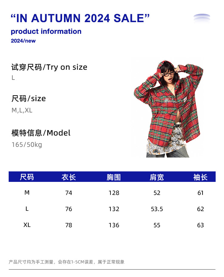 BLACKBB Vintage Embroidered Patch Shirt Red Plaid Raw Top