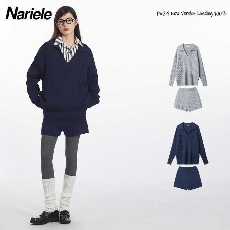 Nariele New Polo Collar Sweater Set Pullover Twist Knitting Shorts Top Set