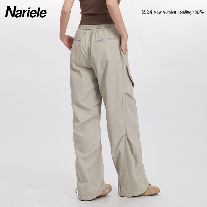 Nariele Unisex Retro Windproof Cargo Pants Ruffled Wide Leg Loose Pants