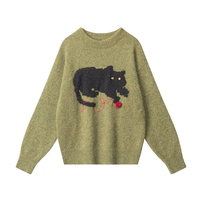 Nariele Cat Sweater Lazy Casual Knitted Loose Retro Crewneck Pullover Sweater