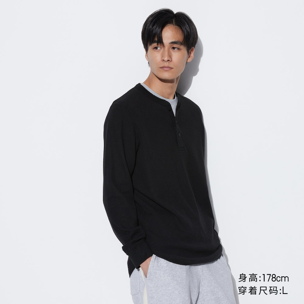 Uniqlo Couple Waffle Henley Collar Pullover Long Sleeve Tee