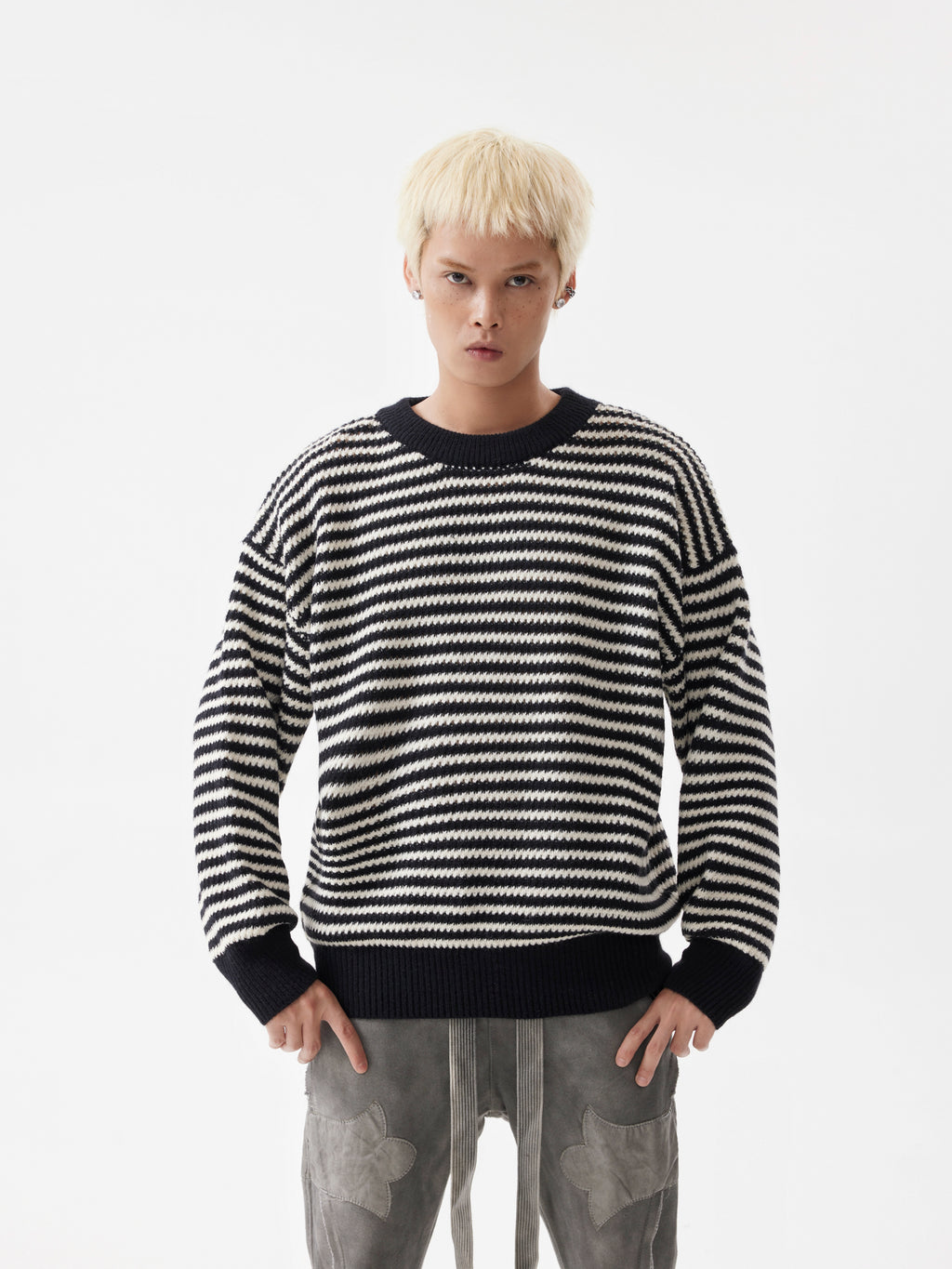 BTSG Striped Cropped Crew Neck Sweater