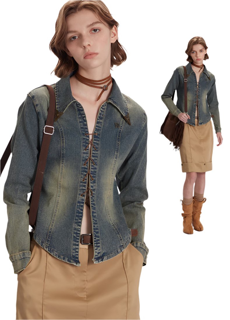 Nariele retro design denim Jacket cow-boy style top long sleeve short jacket