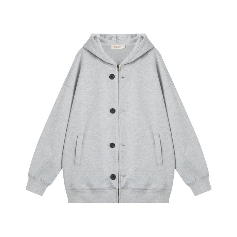 Nariele Retro Style Button Zipper Sweatshirt Loose Unisex Hoodie Jacket