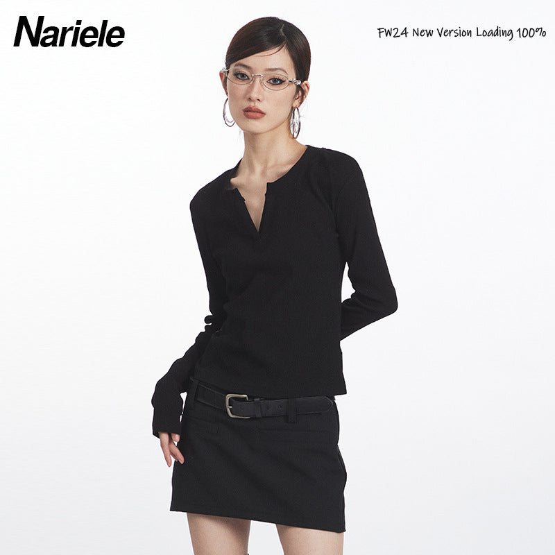 Nariele Pure Color V-neck Tight Long-sleeved Top