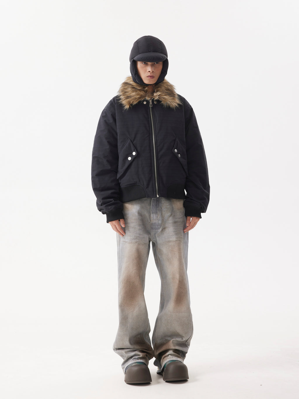 BTSG FUR Detachable Plush Collar Cropped Cargo Jacket