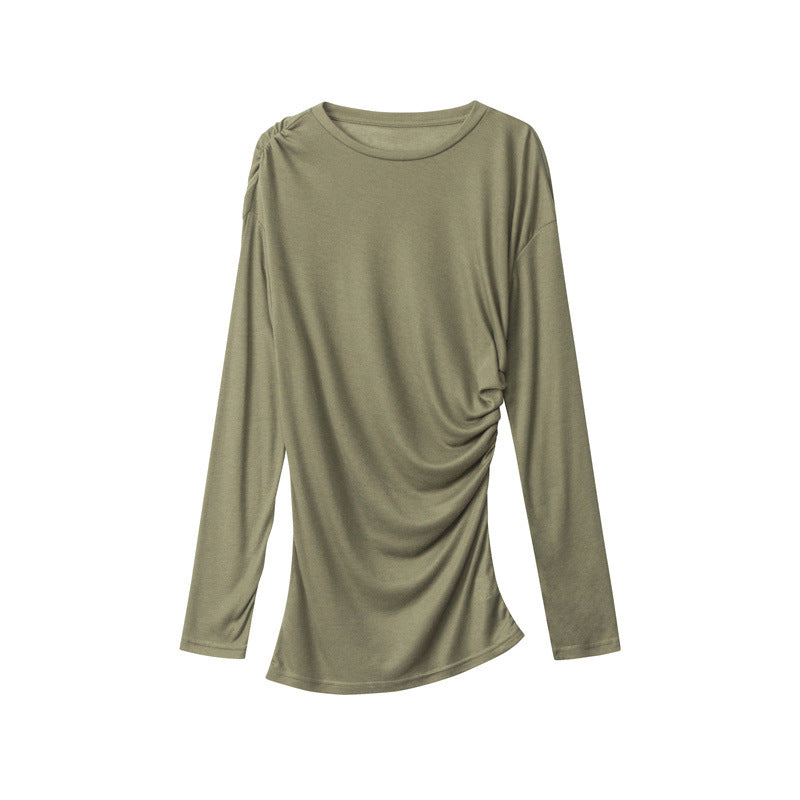 Nariele Ruffle Design Long Sleeve T-Shirt Thin Slim Crew Neck New Top