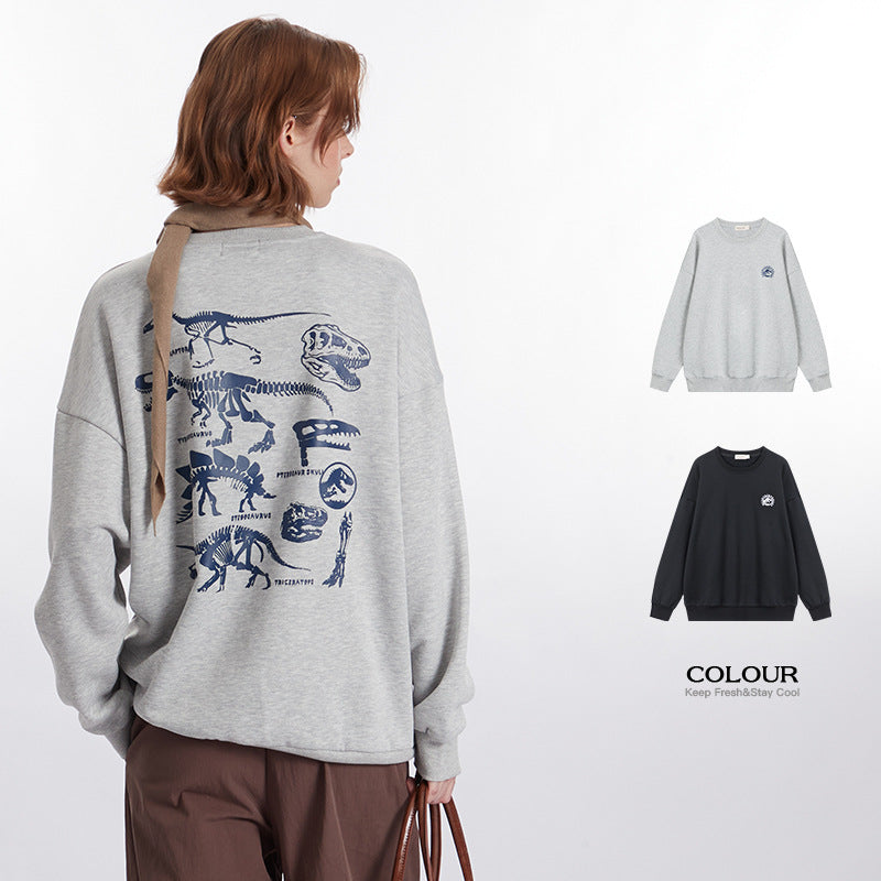 Nariele Unisex retro dinosaur print casual loose crew neck sweatshirt