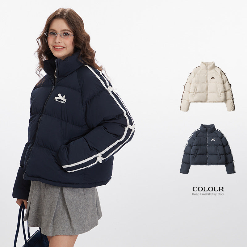 Nariele Lace Bow Stand Collar Slim Short Puffy Cotton Jacket