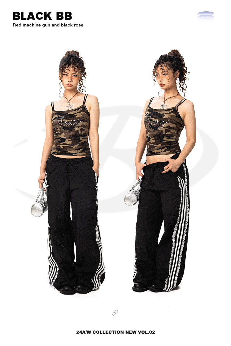 BLACKBB Lace Trim Striped Wide Legs Pants Design