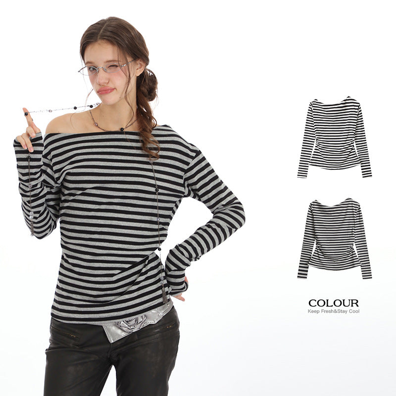 Nariele Striped Long Sleeve T-Shirt Slim Top Off Shoulders Cropped Top