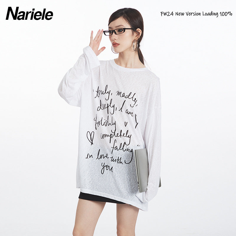 Nariele Oversize Letter Print Light Loose Long Sleeves T-Shirt
