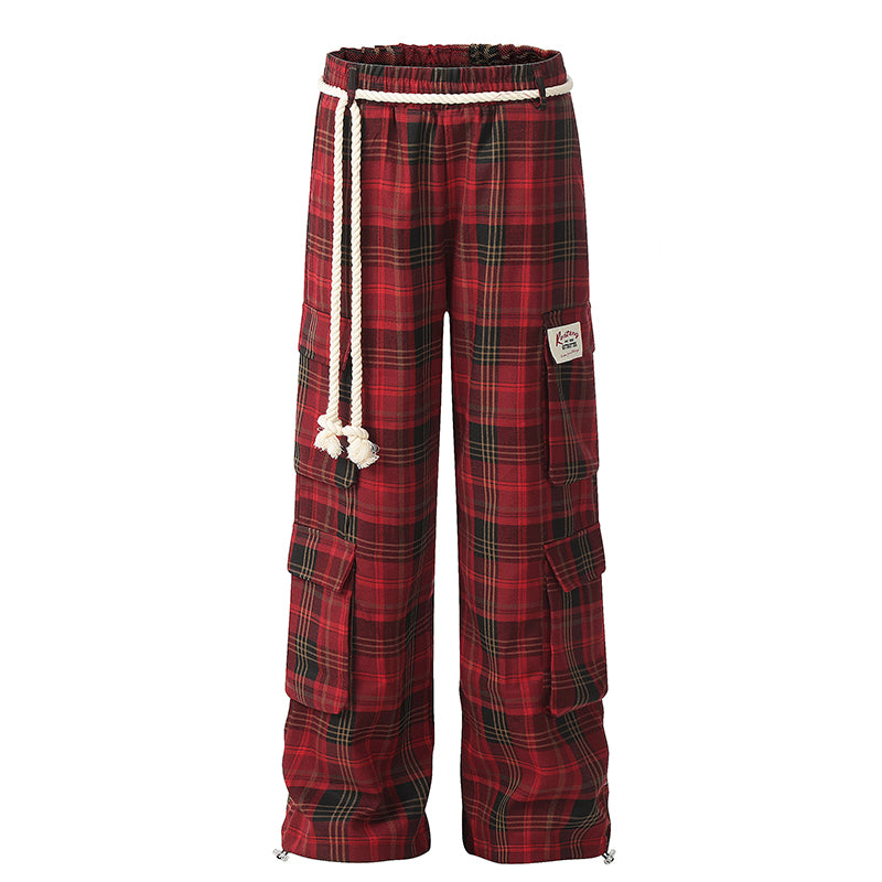 NERESUM Pant Retro Lazy Plaid Pants Trendy Design Casual Straight Cargo Pockets Pants