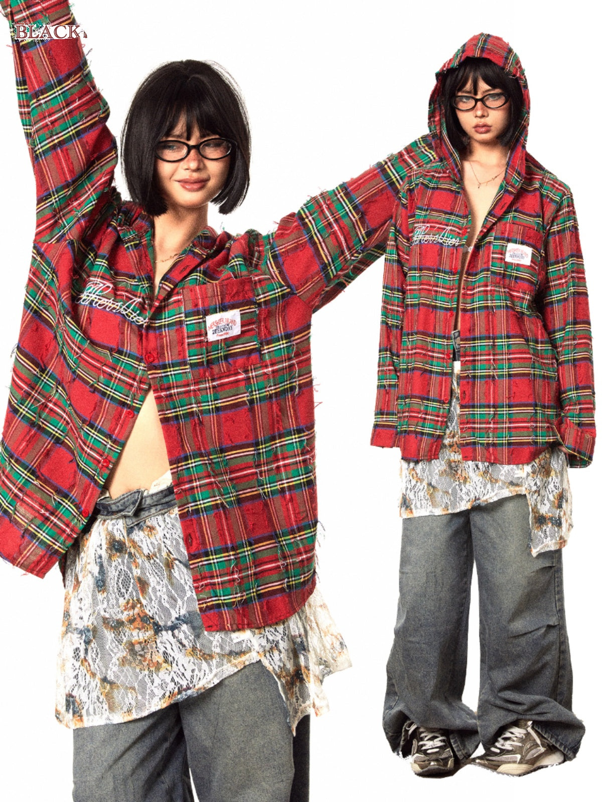 قميص BLACKBB عتيق مطرز باللون الأحمر منقوش خام