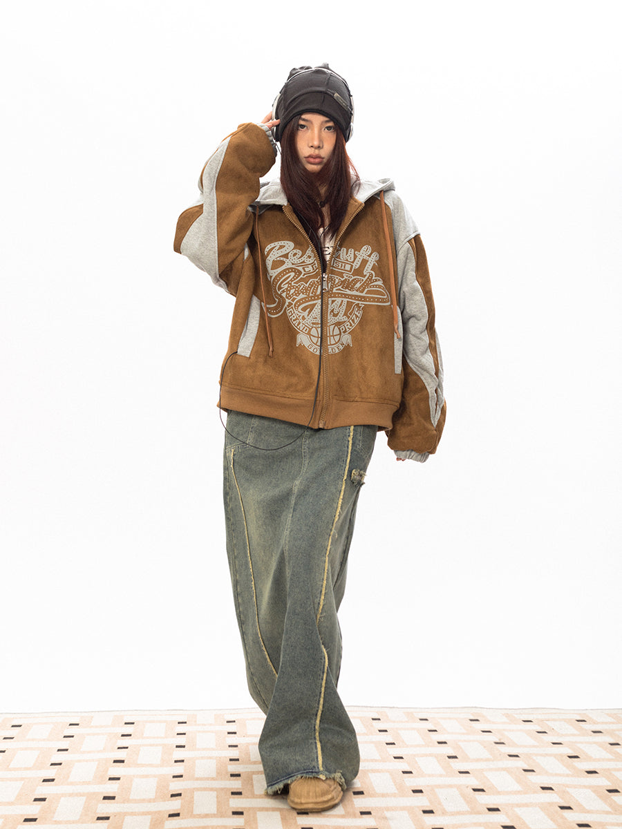 سترة BLACKBB من جلد الغزال المرقعة بغطاء للرأس ومطبوعة بسحاب