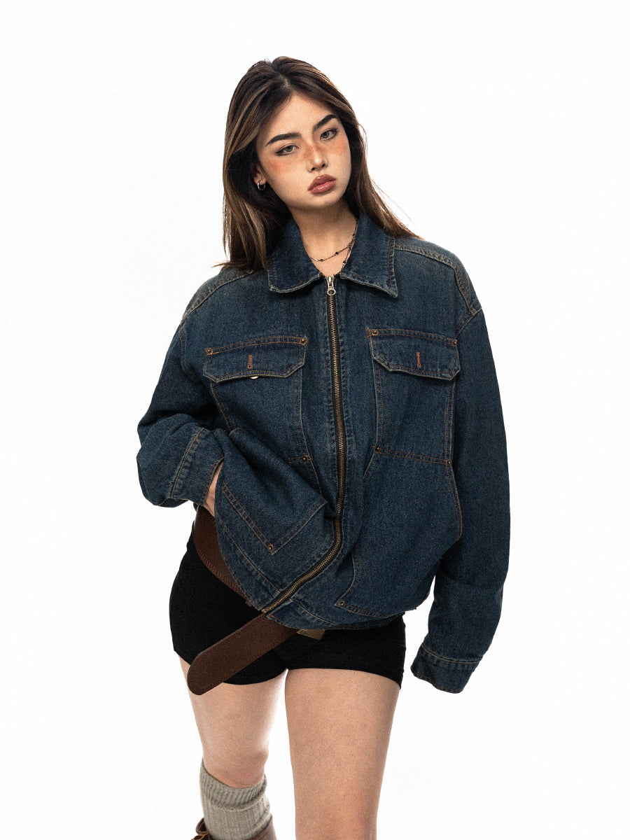 BLACKBB American Vintage Embroidery Washed Gradient Denim Zipper Up Jacket