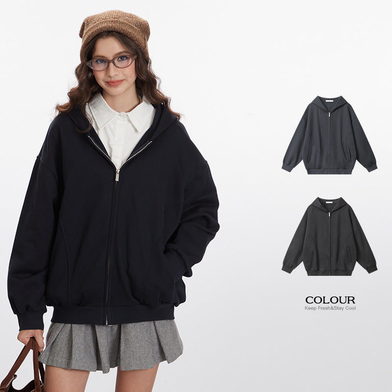 Nariele Classic Loose Solid Women's Hoodie Zipper Jacket