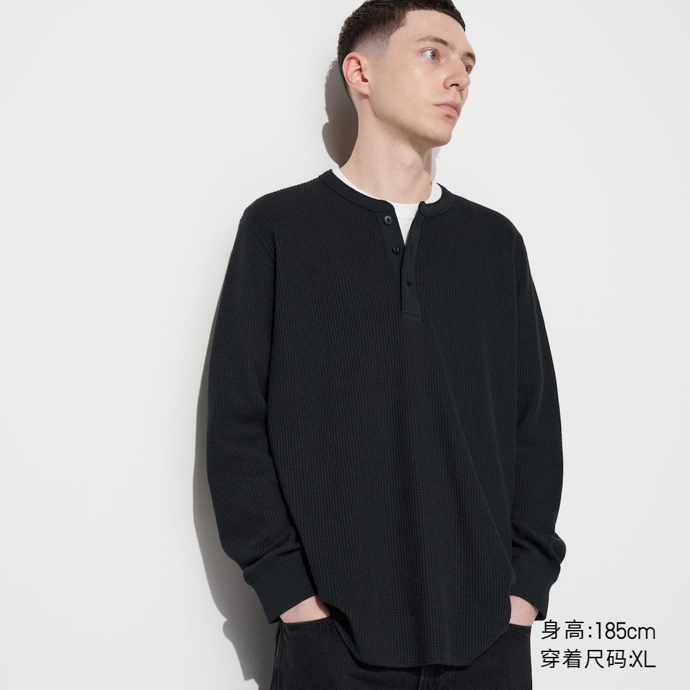 Uniqlo Couple Waffle Henley Collar Pullover Long Sleeve Tee