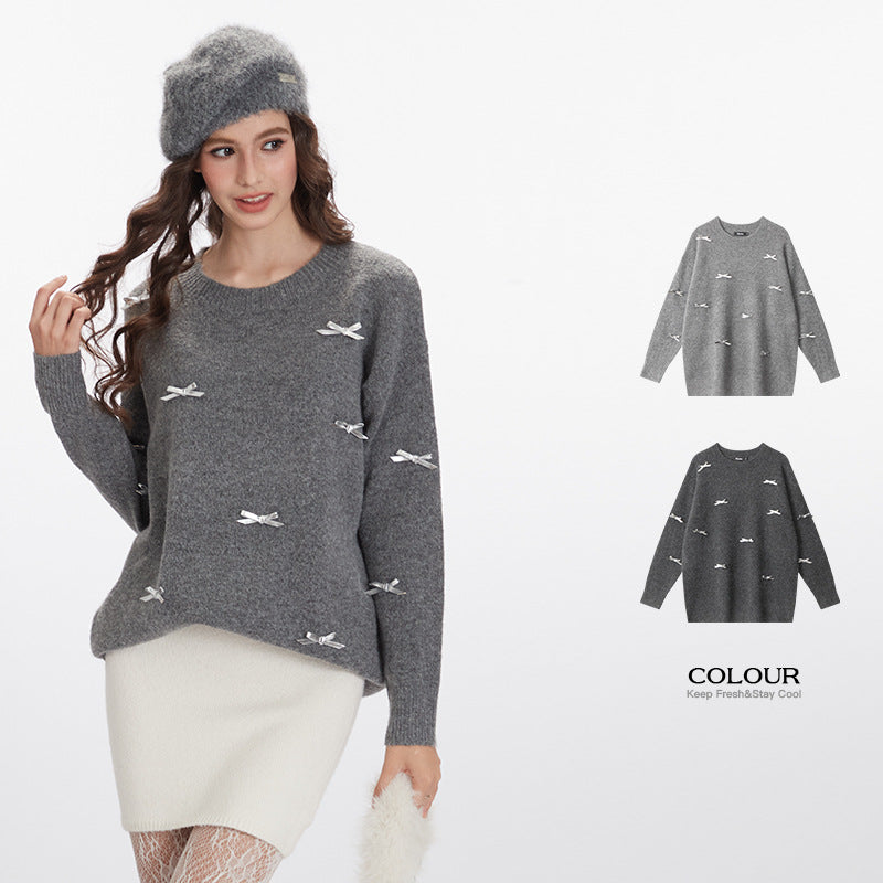 Nariele Sweet style round neck pullover knit loose  retro sweater