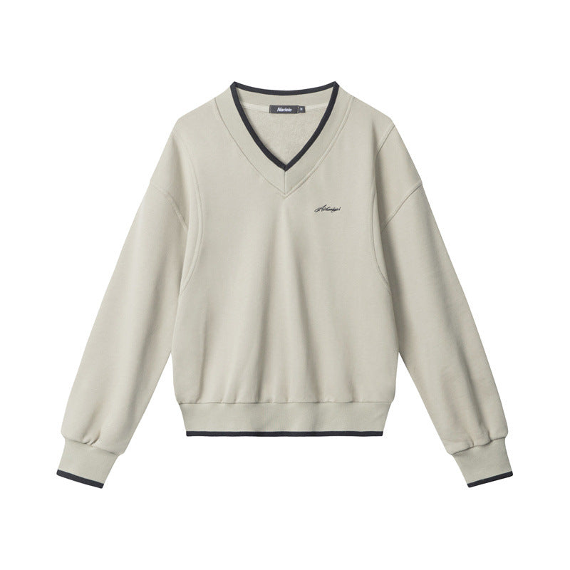 Nariele V-neck top lazy style new contrasting casual sweatshirt trendy retro loose long-sleeved Top