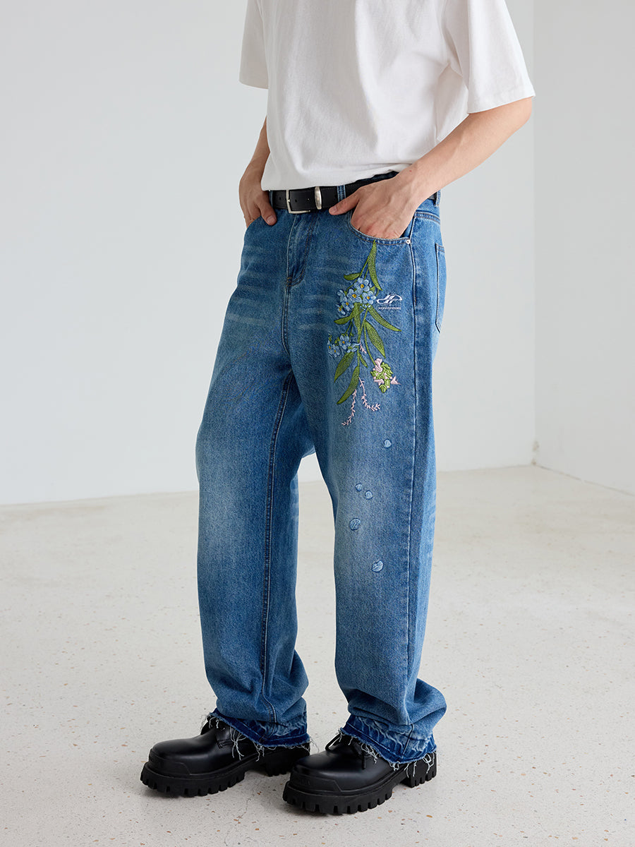 Harshandcruel Cleanfit floral-embroidered wash dehemed jeans