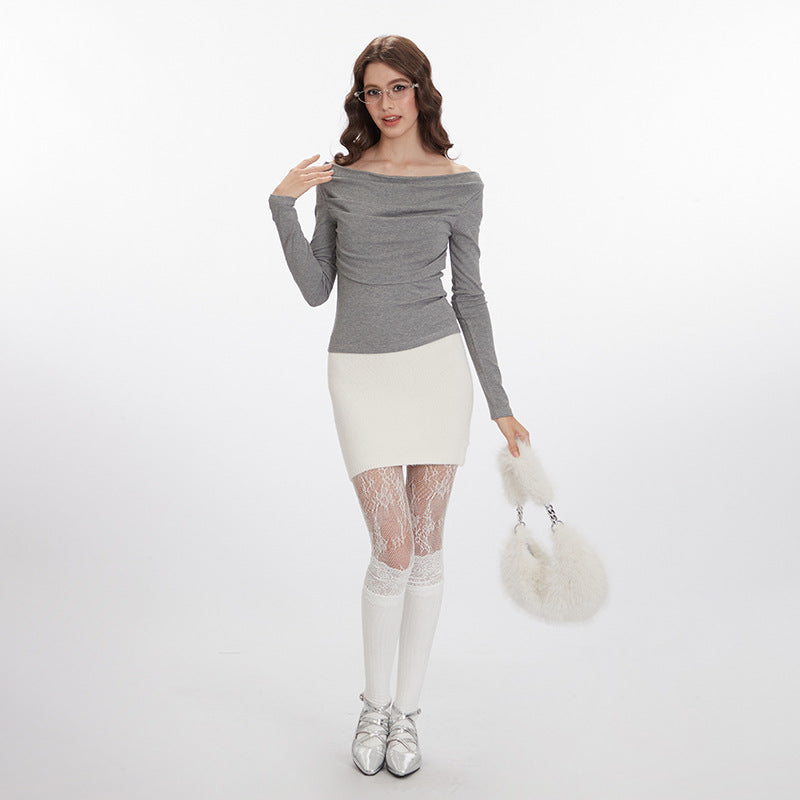 Nariele Multi-pleated Straight Neck Off-shoulder Long Sleeve T-Shirt