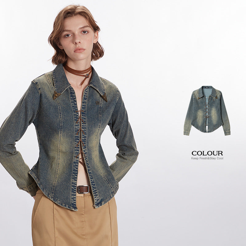 Nariele retro design denim Jacket cow-boy style top long sleeve short jacket