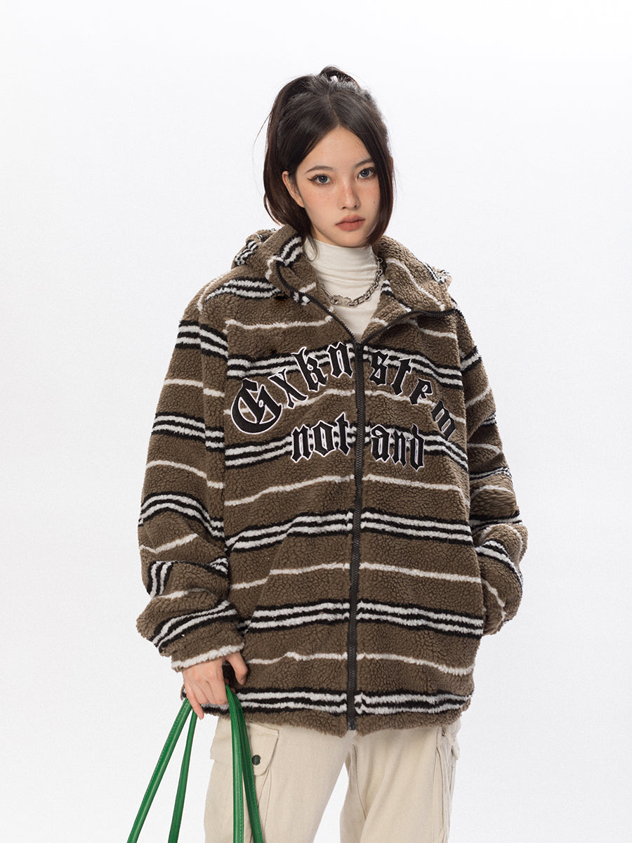 BLACKBB Contrasting Striped Fleece Embroidered Cotton Jacket