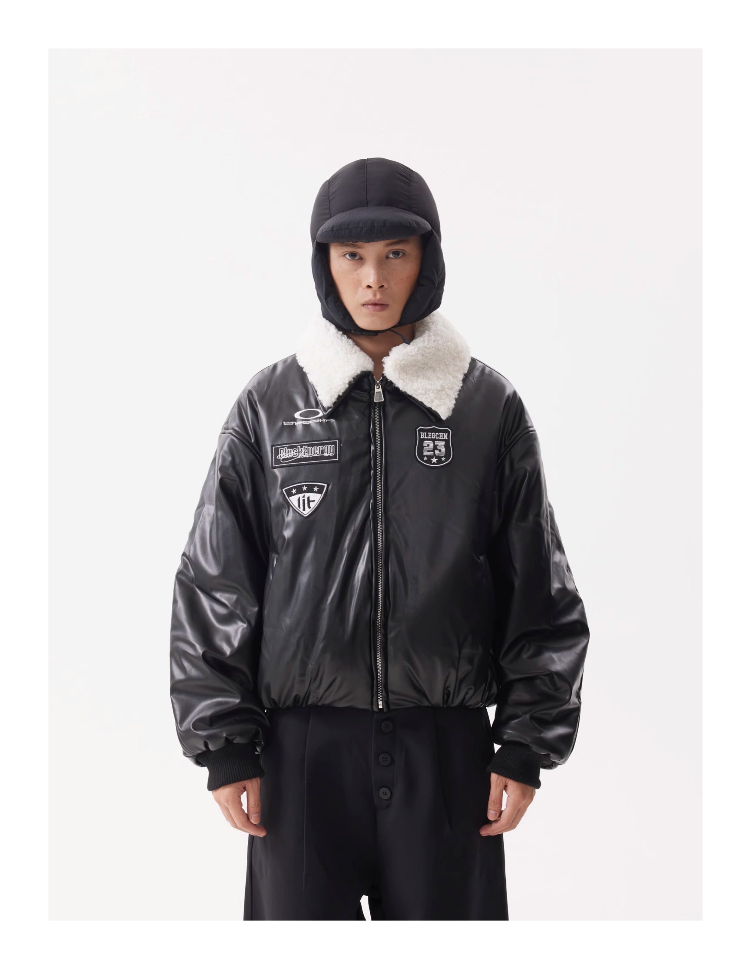 BTSG Leather Fur Collar Stitched Badges Padded Jacket