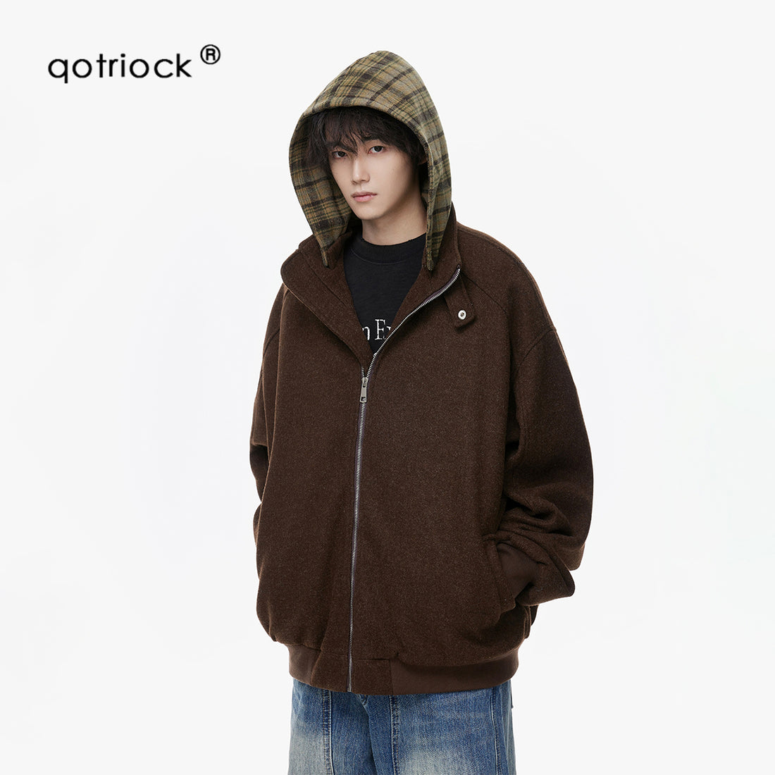 QOTRIOCK Two-Piece Plaid hooded Zipper Jacket