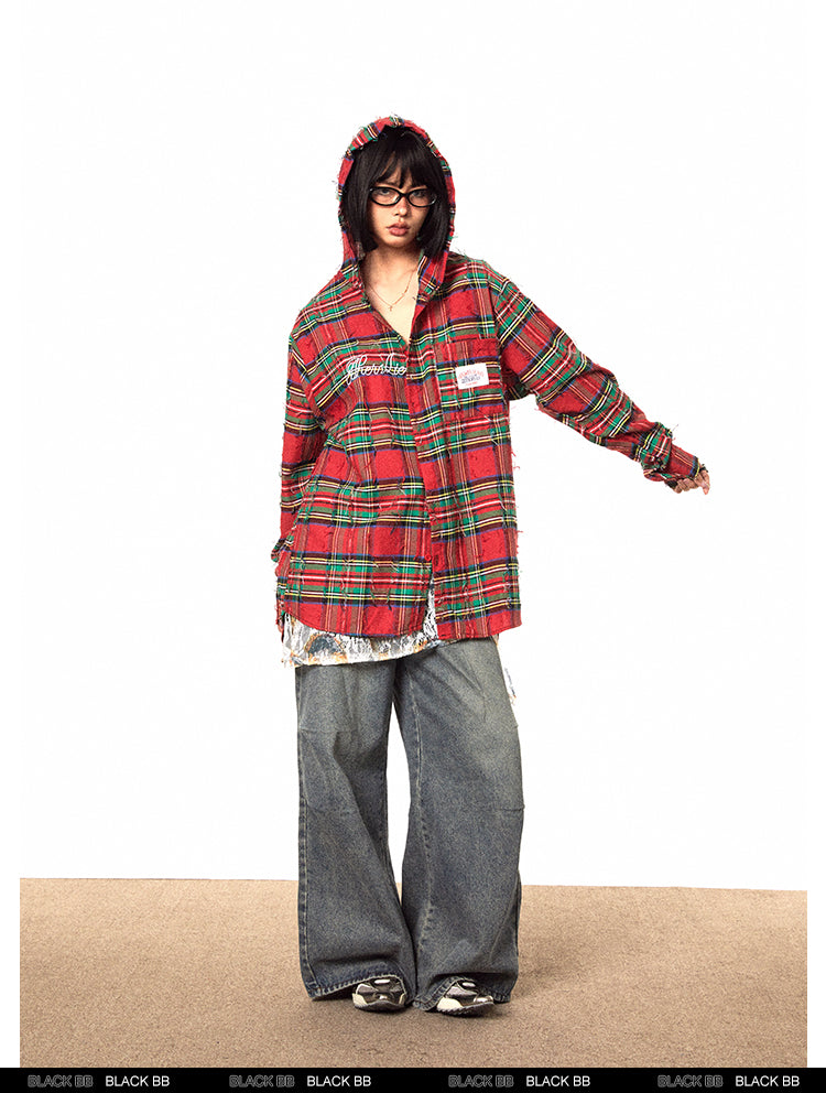 BLACKBB Vintage Embroidered Patch Shirt Red Plaid Raw Top