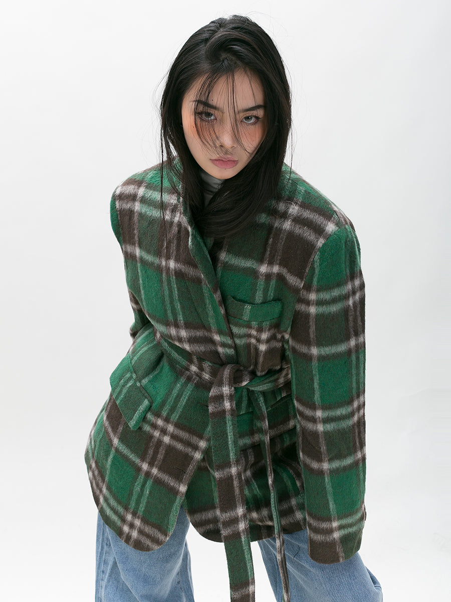 معطف بليزر من التويد ذو مربعات خضراء فضفاضة من BLACKBB