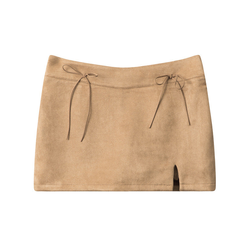 Nariele High Waist Slim Bow Strap Suede Skirt
