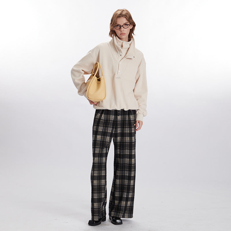 Nariele Double Collar Design Fall Winter Lazy Cardigan Sweatshirt Puffy Fleece Casual Top
