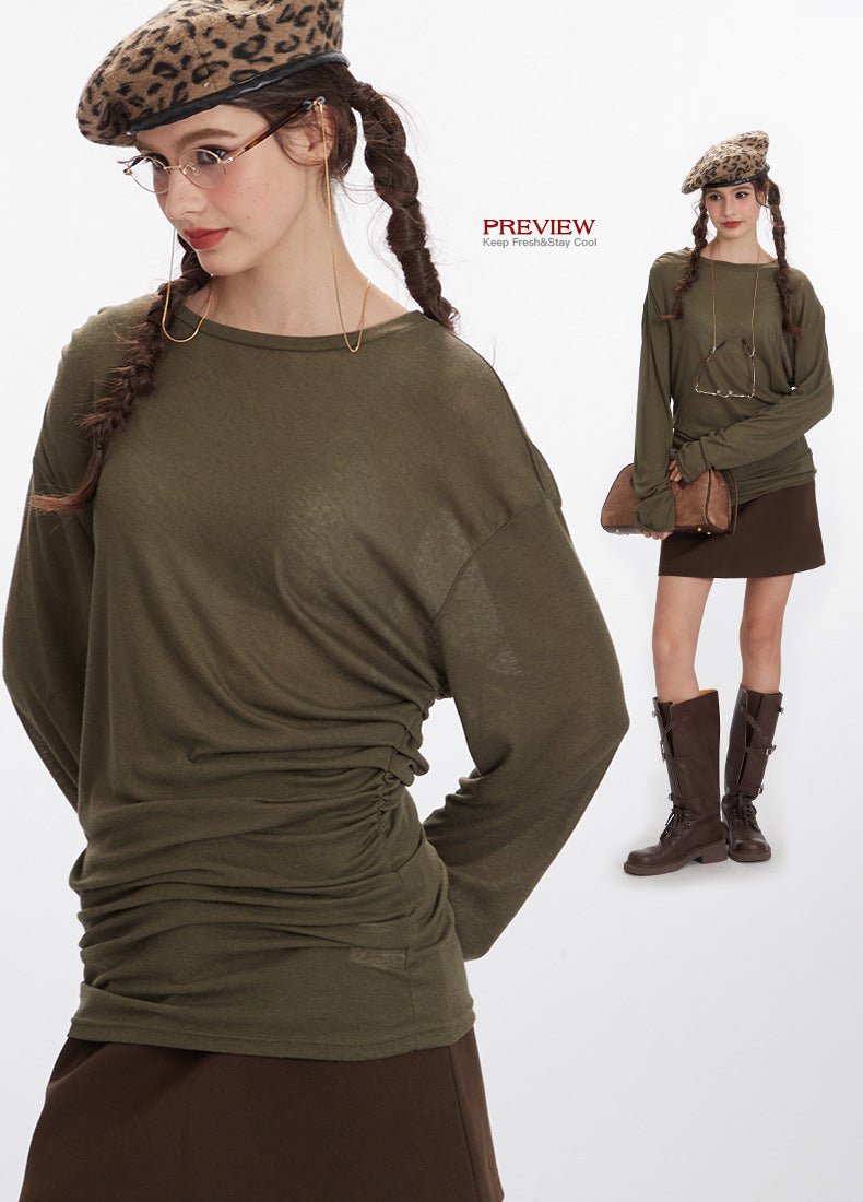 Nariele Ruffle Design Long Sleeve T-Shirt Thin Slim Crew Neck New Top