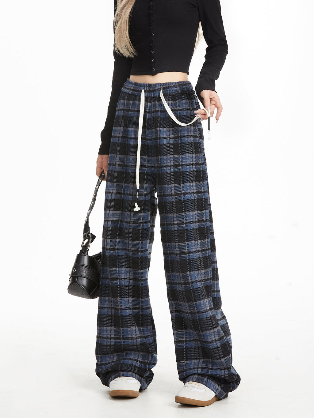 Neresum plaid pants retro drawstring trendy loose straight sweatpants