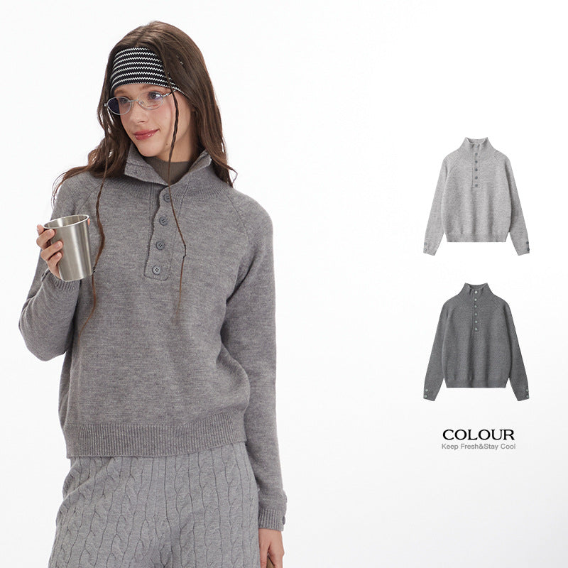 Nariele Stand Neck Buttons Sweater Knit Solid Color Base Waer Thermal Top