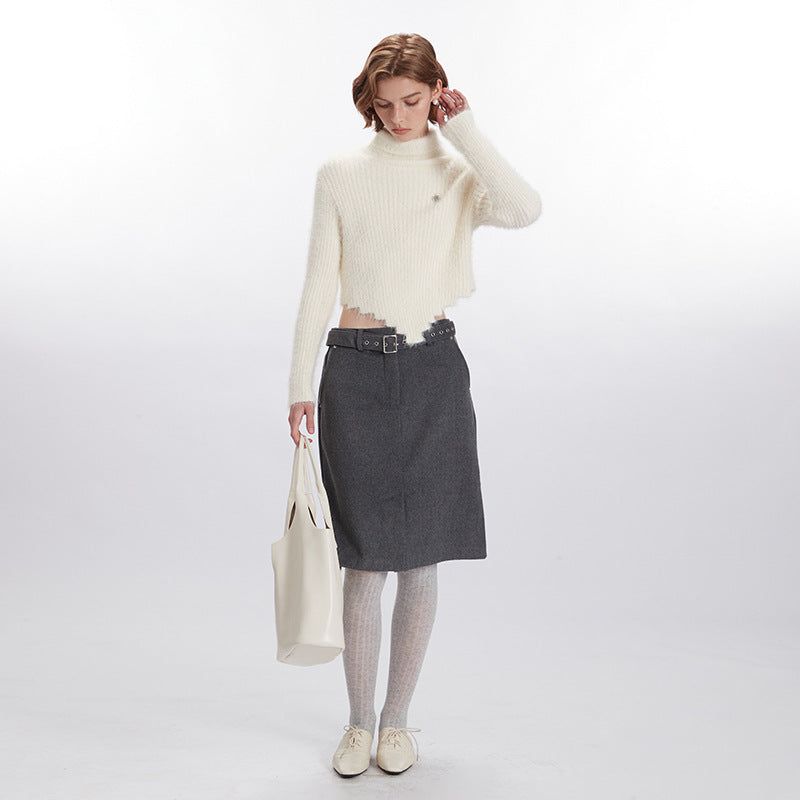 Nariele New Hem Irregular Design Turtleneck Knitting Niche Cropped Top Slim Fit Sweater