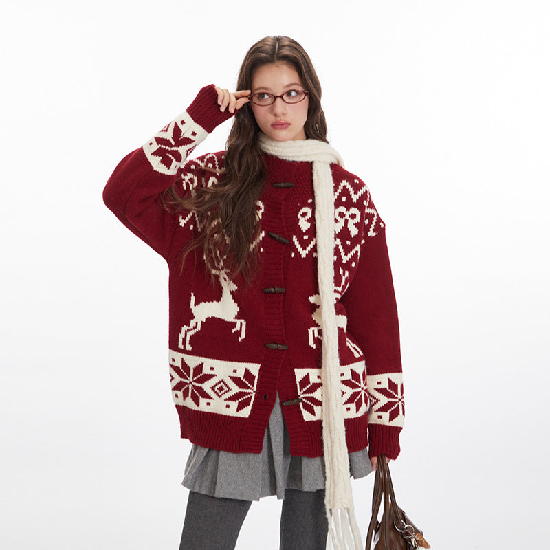 Nariele Christmas cardigan winter lazy loose knit buckle vintage sweater