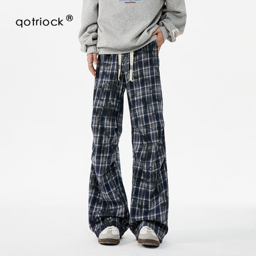 QOTRIOCK retro plaid Draped pants