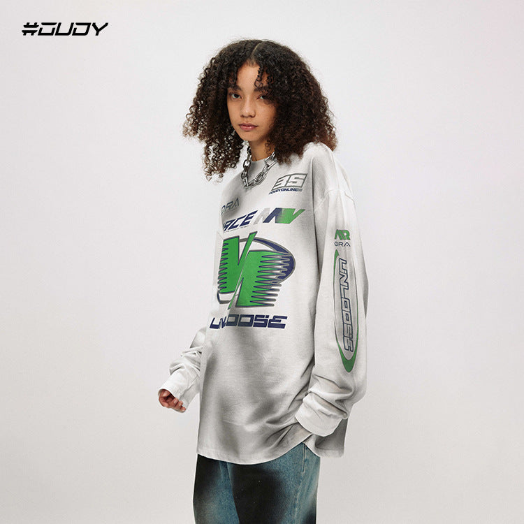 #OVDY street wear long sleeve print scoop neck Oversize Drop shoulder Sweatshirt