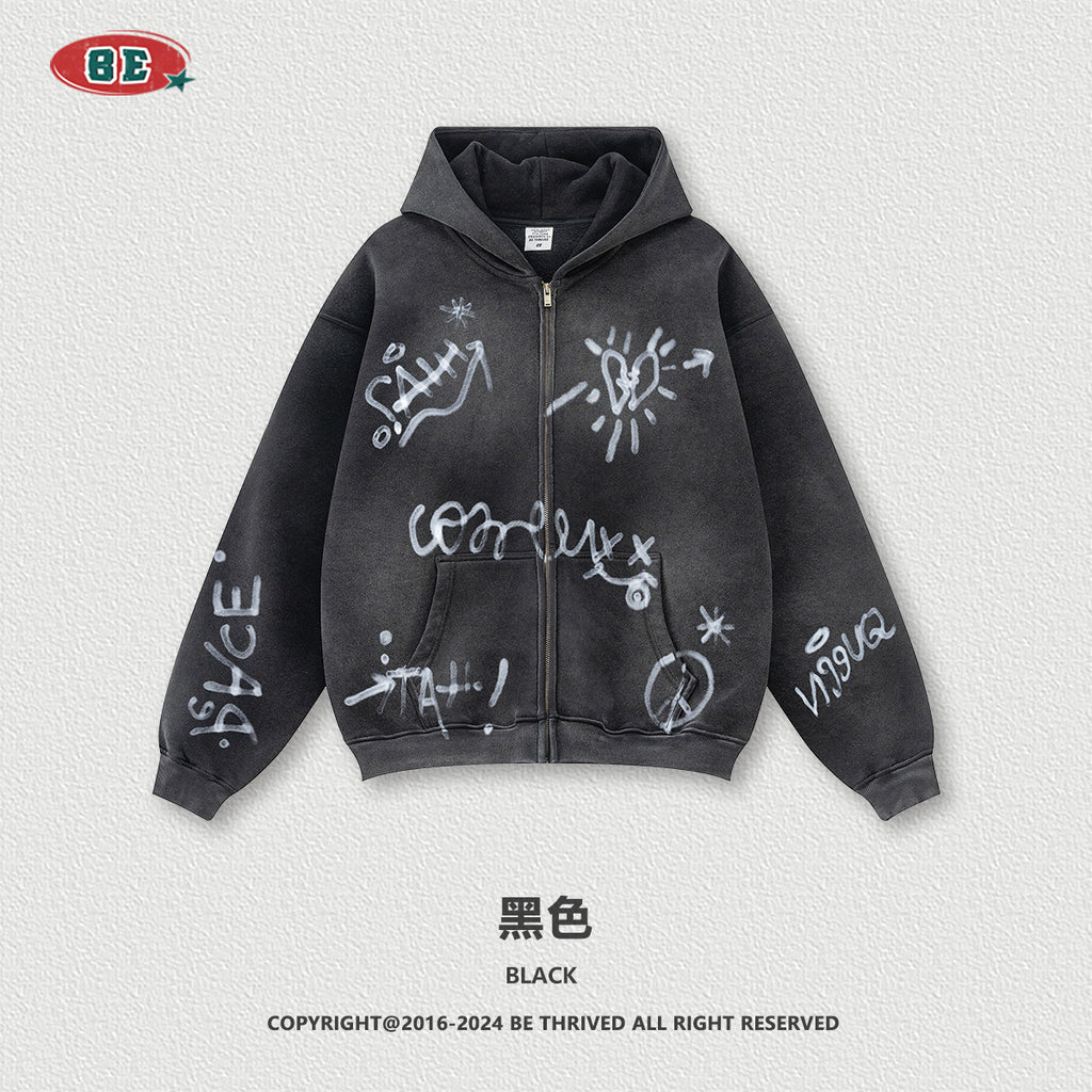 BE Winter Graffiti Hand-Painted On Zipper Hoodie