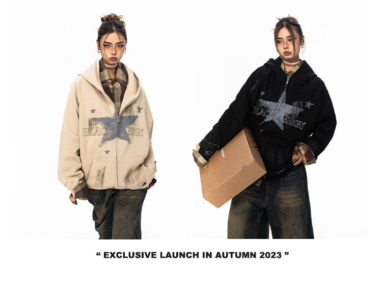 BLACKBB American Painted Star Print Hooded Cardigan Zip Up Jacket