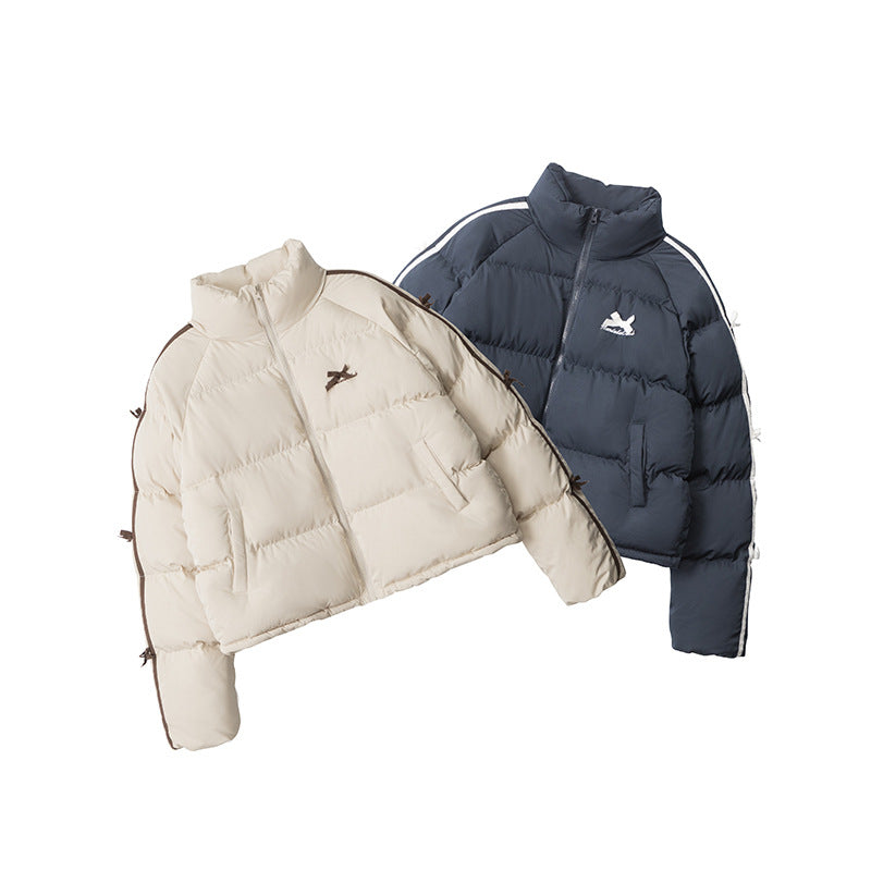 Nariele Lace Bow Stand Collar Slim Short Puffy Cotton Jacket