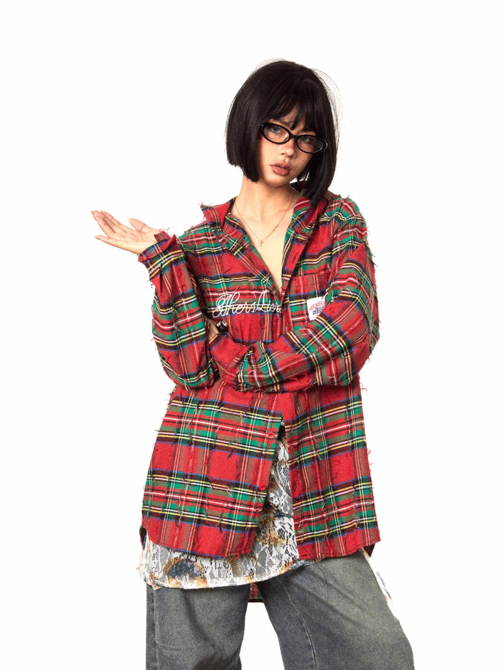 BLACKBB Vintage Embroidered Patch Shirt Red Plaid Raw Top