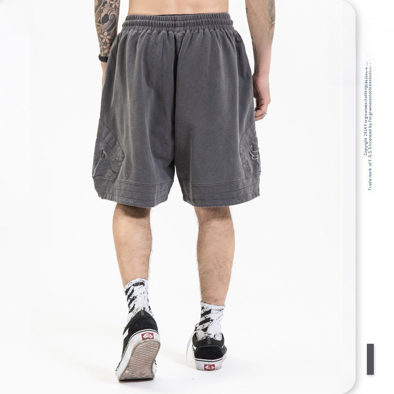 FORGIVNESS  Washed Distressed Retro Bull Head Embroidery Basketball Short