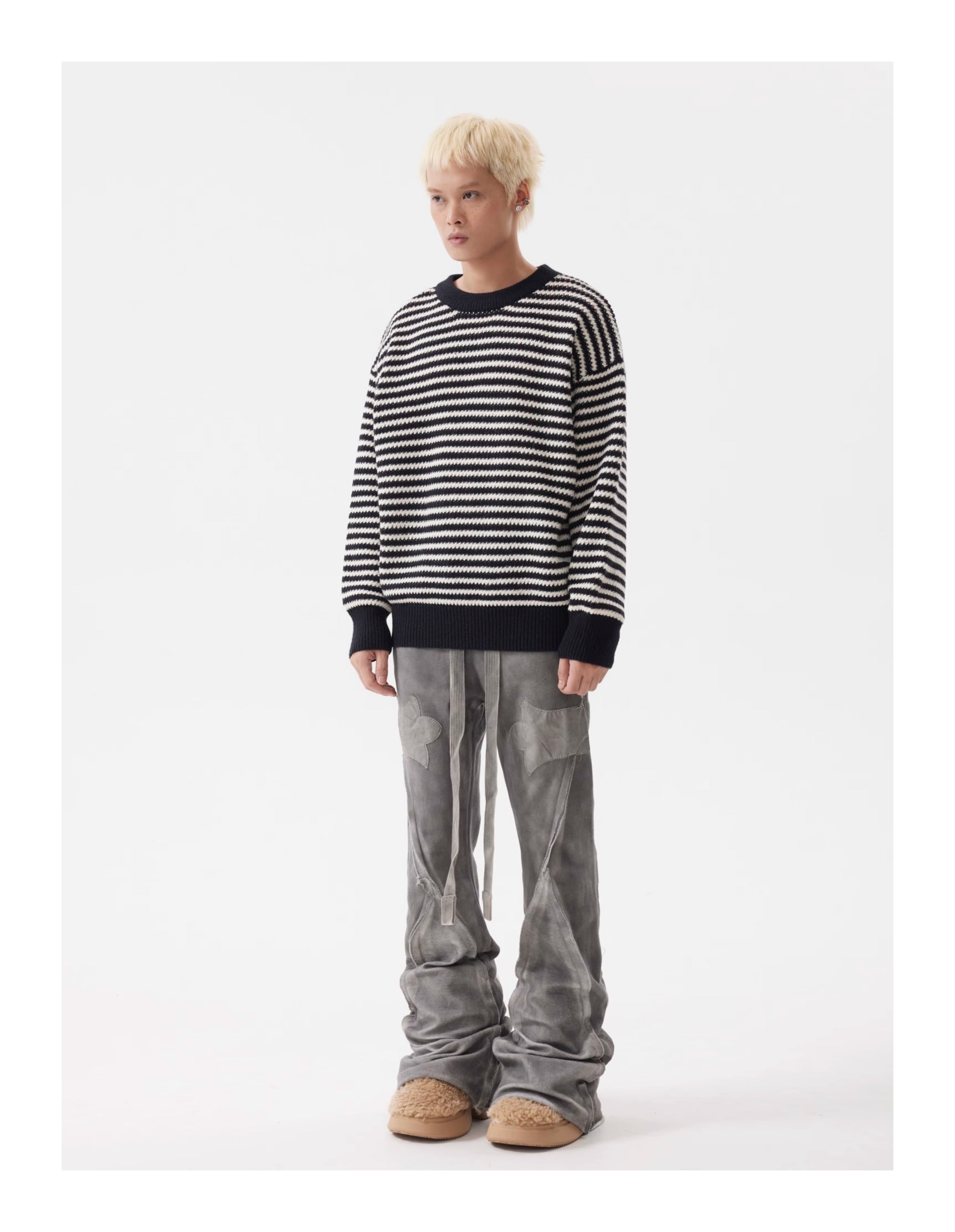 BTSG Striped Cropped Crew Neck Sweater