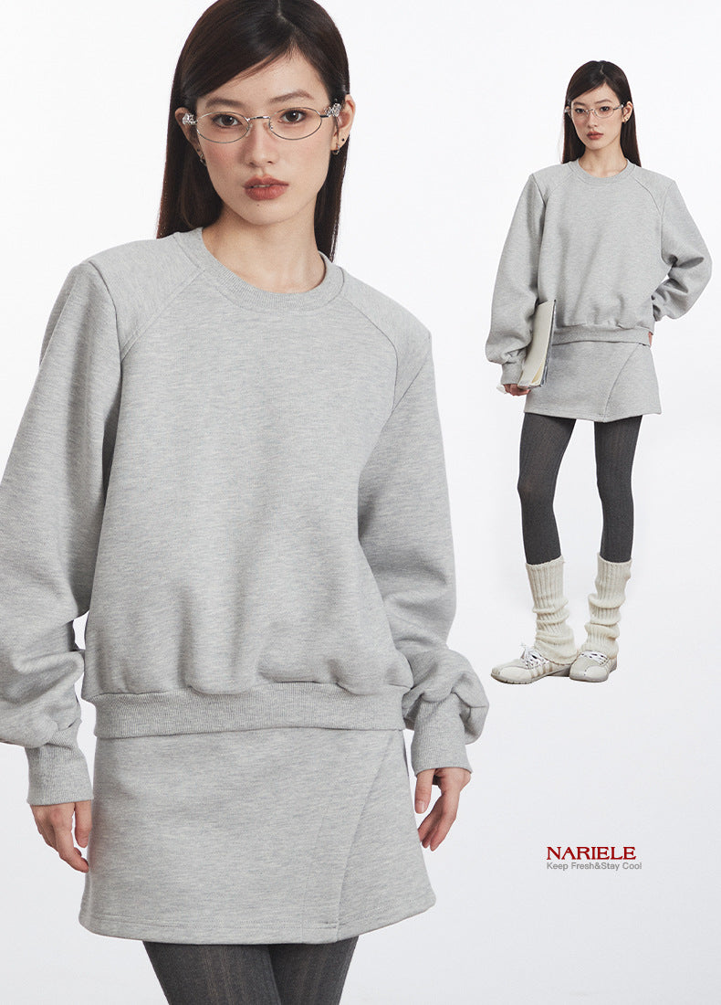 Nariele Round Neck Solid Color Pullover Sweet Short Sweatshirt